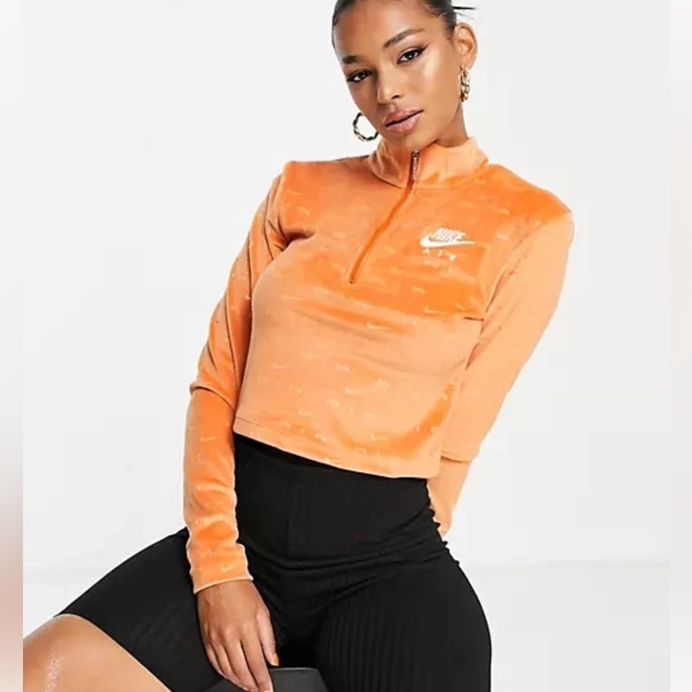 Nike Air All Over Logo 1/4 Zip Velour Long Sleeve Top Size 2X Spice Orange - Picture 2 of 14